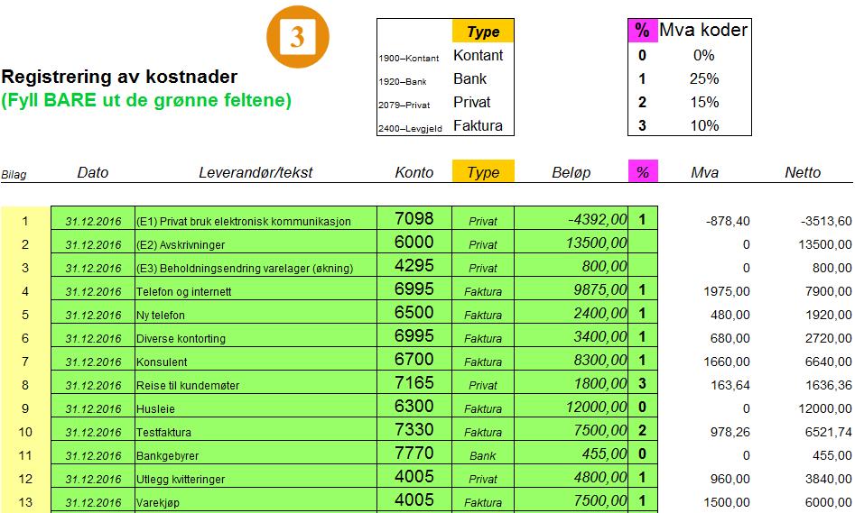 3) Registrering av kostnader Registrering av kostnader gjøres i registreringsbildet du finner ved å scrolle deg ned akkurat som du gjorde i inntekter-arkfanen, registreringsbildet er også ganske likt