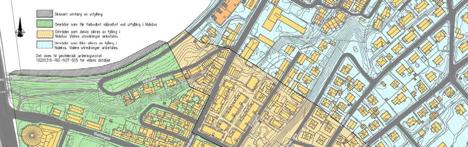 Figur 6 Skissert omfang av motfylling i Nidelva og områder som sikres av fyllinga (grå skravur: fylling, grønn: sikret område, gul: område som delvis sikres, blå: område som ikke sikres).