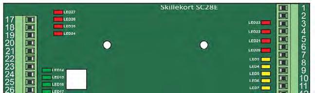 17: Tilbakemelding signal 4 (LED27) 18: Tilbakemelding signal 3 (LED26) 19: Tilbakemelding signal 2 (LED25) 20: Tilbakemelding signal 1 (LED24) 21: +24V (forsyning inn til reléer på 22: 0V skillekort