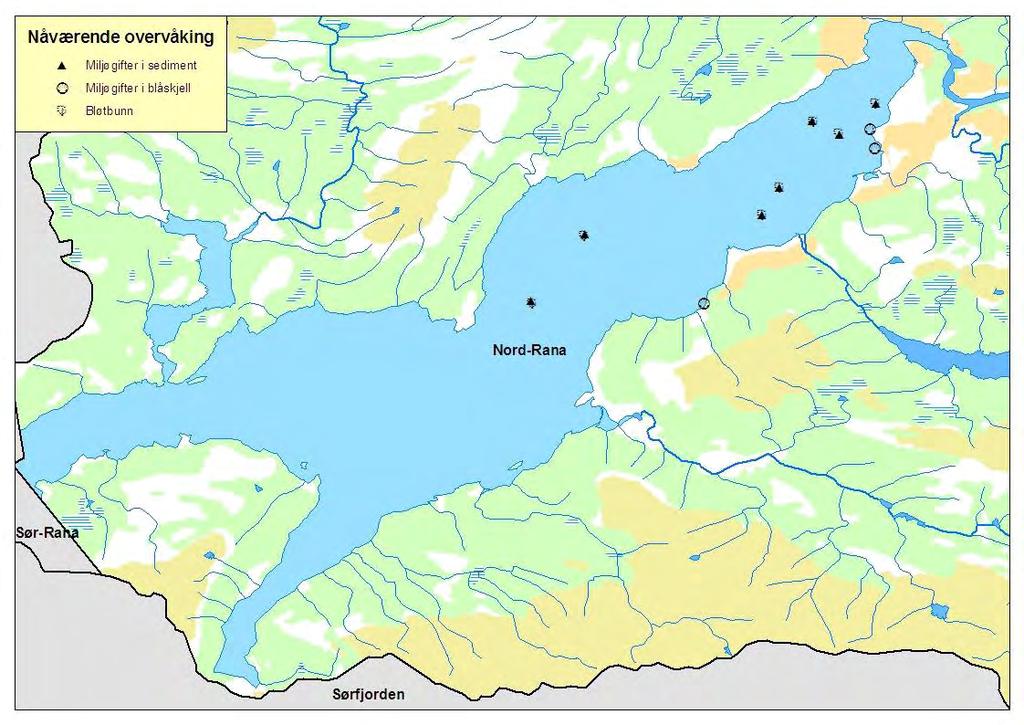 På bakgrunn av overvåkingsprogrammet ble det gjennomført en kartlegging av miljøtilstanden med hensyn til miljøgifter og overgjødsling i delområde Sørfjorden i 2008 (Figur 23).