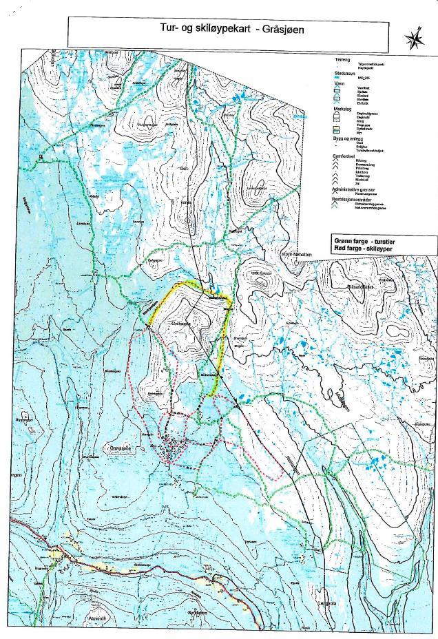 Figur 4. Omsøkt løype vist med gult. Villreinens arealbruk I kartvedlegget til Jordhøy et. al. 2008. Villreinen i Rondane-Sølnkletten. Status og leveområde.