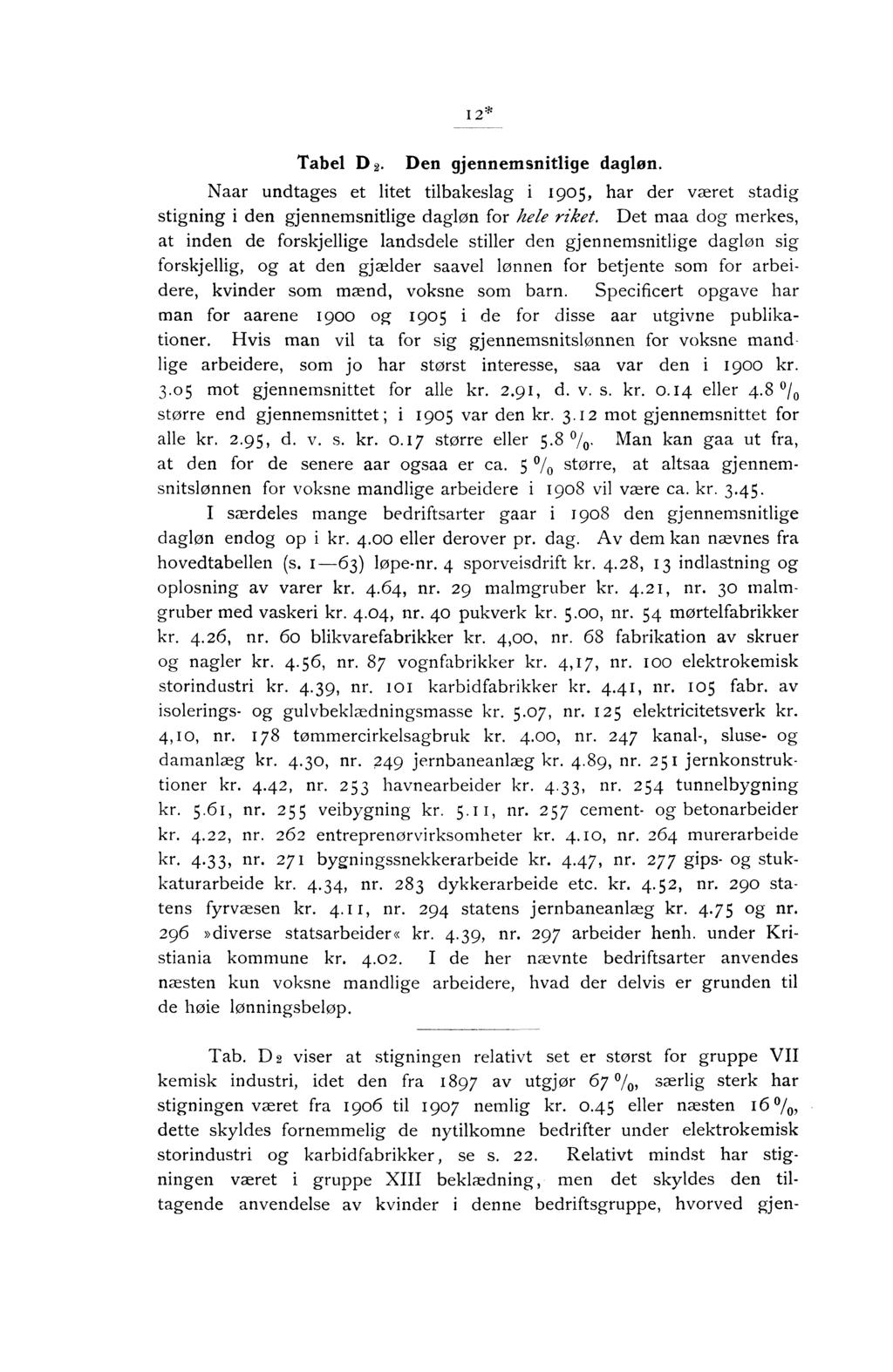 I * Tabel D Den gjennemsnitlige dagløn. Naar undtages et litet tilbakeslag i 190, har der været stadig stigning i den gjennemsnitlige dagløn for hele riket.