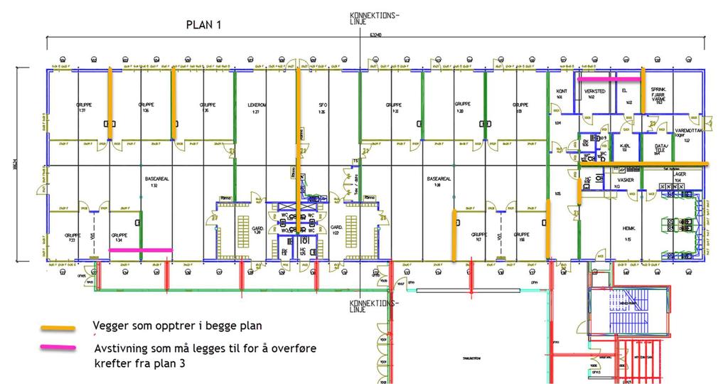 Kun enkelte avstivende vegger har samme plassering i plan 1 som plan 2, men heller ikke her vil det