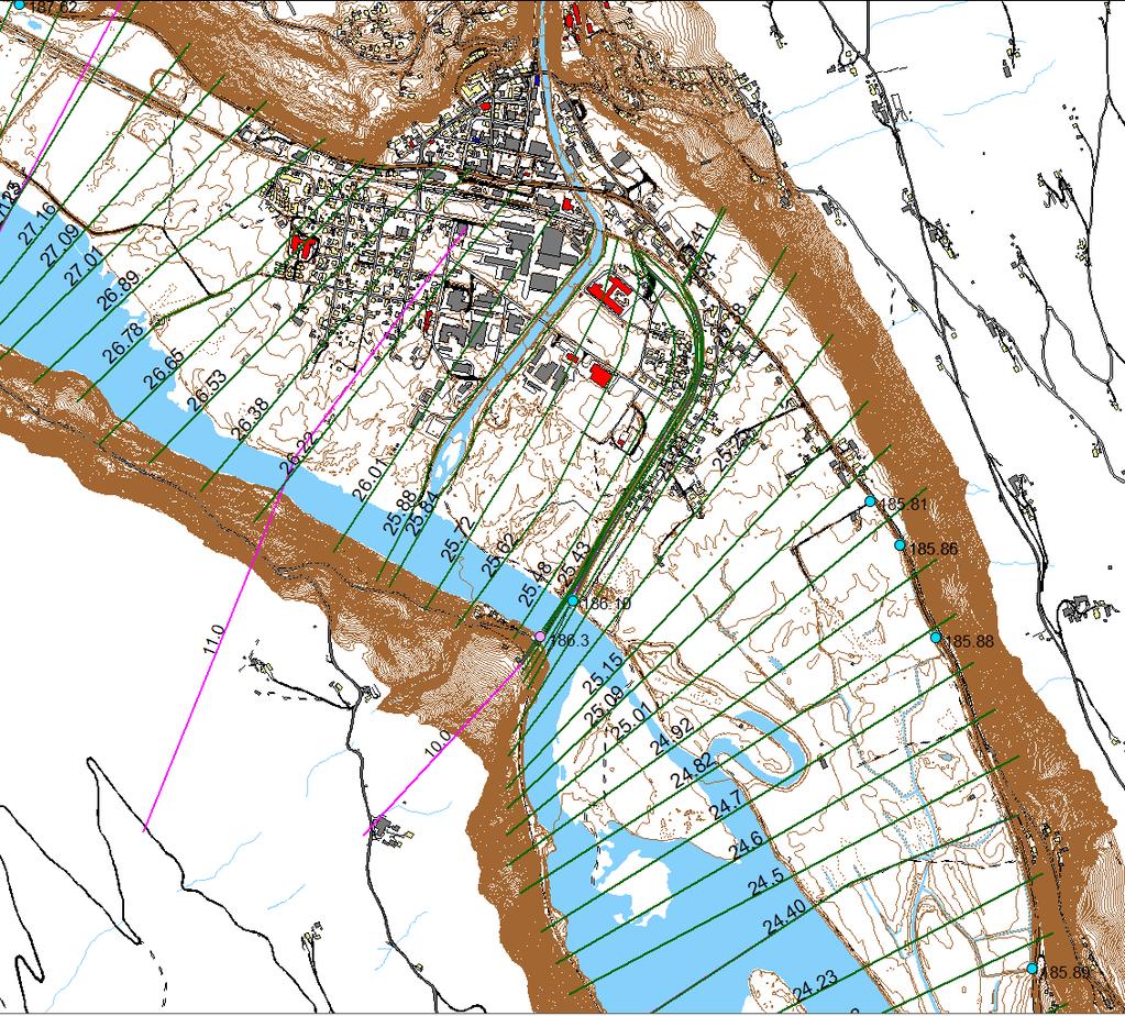 Figur 12 Oppmålte vannstander ved Vålebru etter flommen 23.5.2013 (blå prikk) og etter flommen 1995 (lilla prikk).