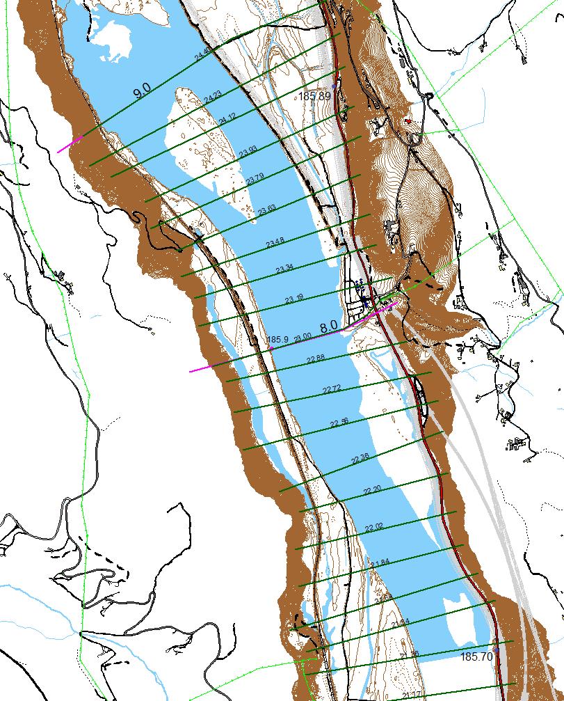 Figur 13 Oppmålte vannstander ved Elstad etter flommen 23.5.2013 (blå prikk) og etter flommen 1995 (lilla prikk).