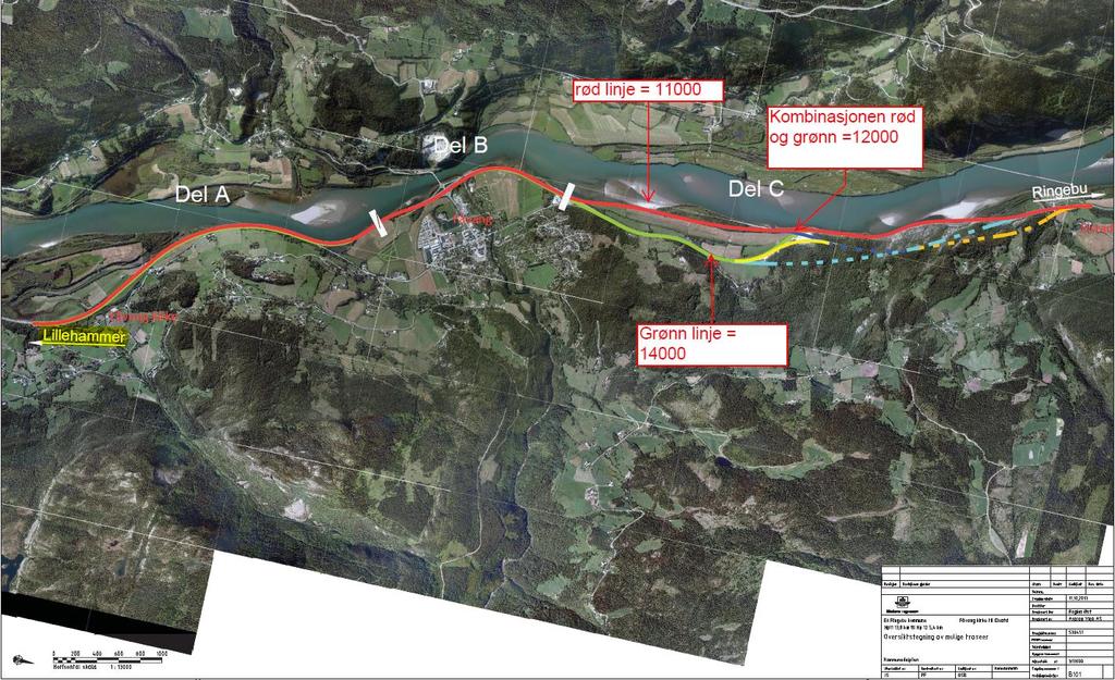 Ytre linje C1 (rød linje, 11000) Indre linje C7 (rød, grønn, lysblå og oransje) Figur 19 Ulike forslag til trase for ny E6 på strekningen Fåvang kirke Elstad.