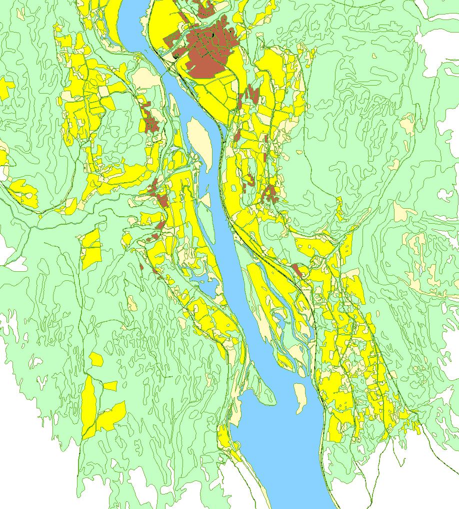 Figur 22 Jordbruksareal strekningen Gåsøya-Fåvang, dyrka mark er markert med kraftig gul farge (arealtype 21) Figur 23 Jordbruksareal strekningen Fåvang-Losna,