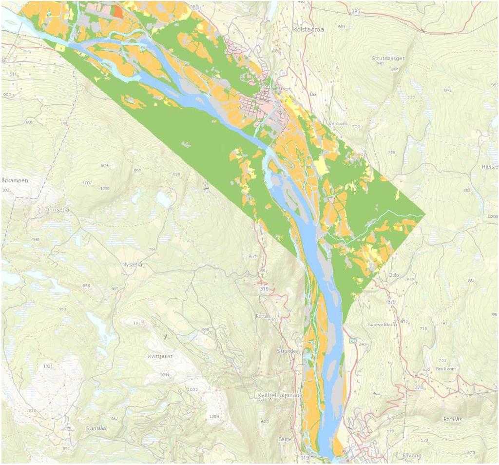 Figur 7 Dekningsområde for laserskanning (mørk grønn) og ekkolodding (mørk blå).