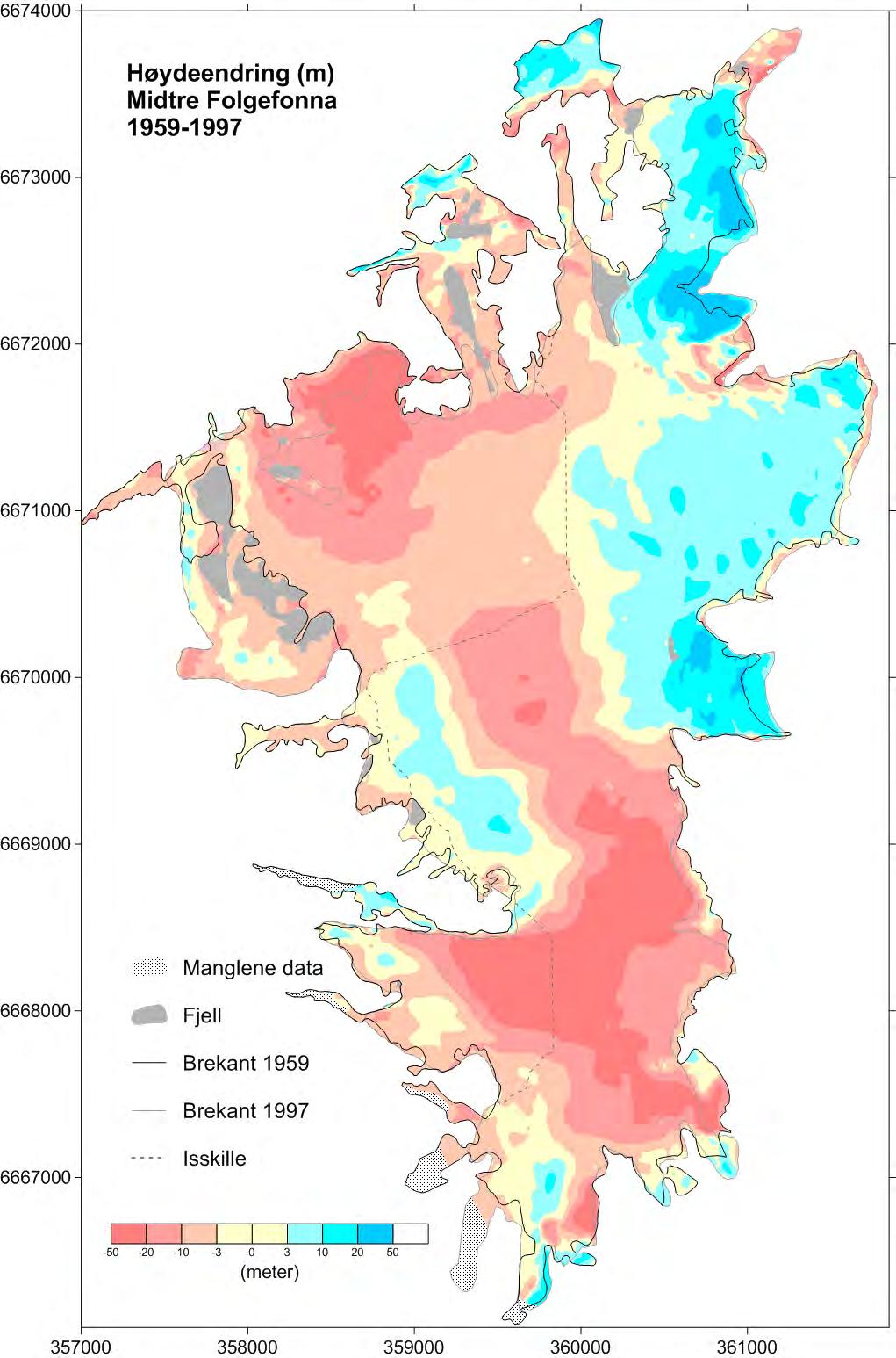 Figur 12 Endringer av istykkelse på Midtre Folgefonna fra 10. august 1959 til 7. august 1997.