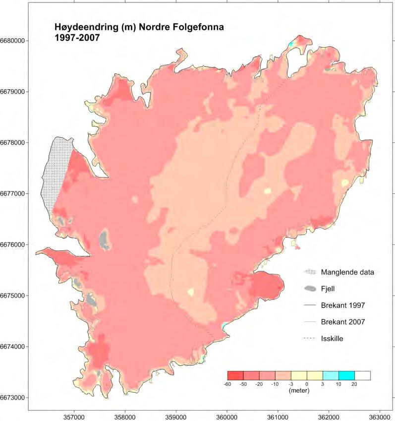 Figur 14 Endringer av istykkelse på Nordre Folgefonna fra 7.