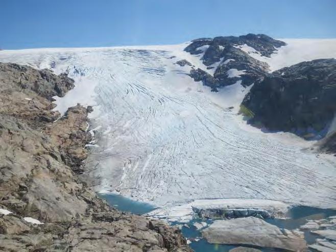 For perioden fra 2007 til 2013 viser målingene en tilbakegang på 140 meter. Kartleggingene fra 1959 og 1997 viser en tilbakegang på ca. 400 meter. Fra 1997 til 2007 er tilbakegangen ca. 350 meter.