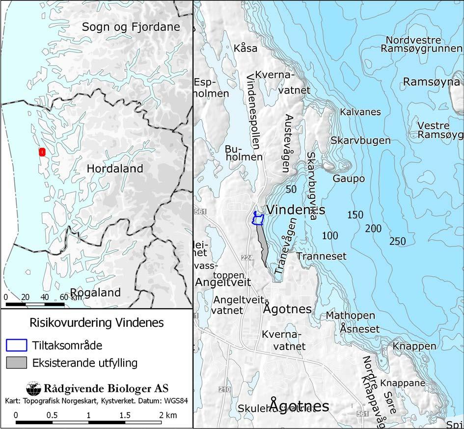 OMRÅDESKILDRING Tiltaksområdet ligg i Heimavågen like sør for Vindenes på vestsida av Hjeltefjorden i Fjell kommune (figur 5 & 6).