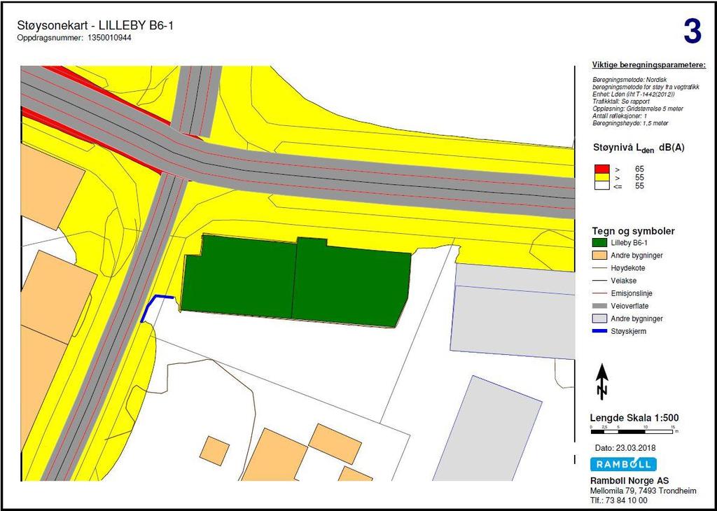 STØYUTREDNING 13 5.2 Skjerming av felles uteoppholdsareal på bakkenivå Støysonekartet under viser omtrentlig plassering av støyskjerm sørvest på tomten.