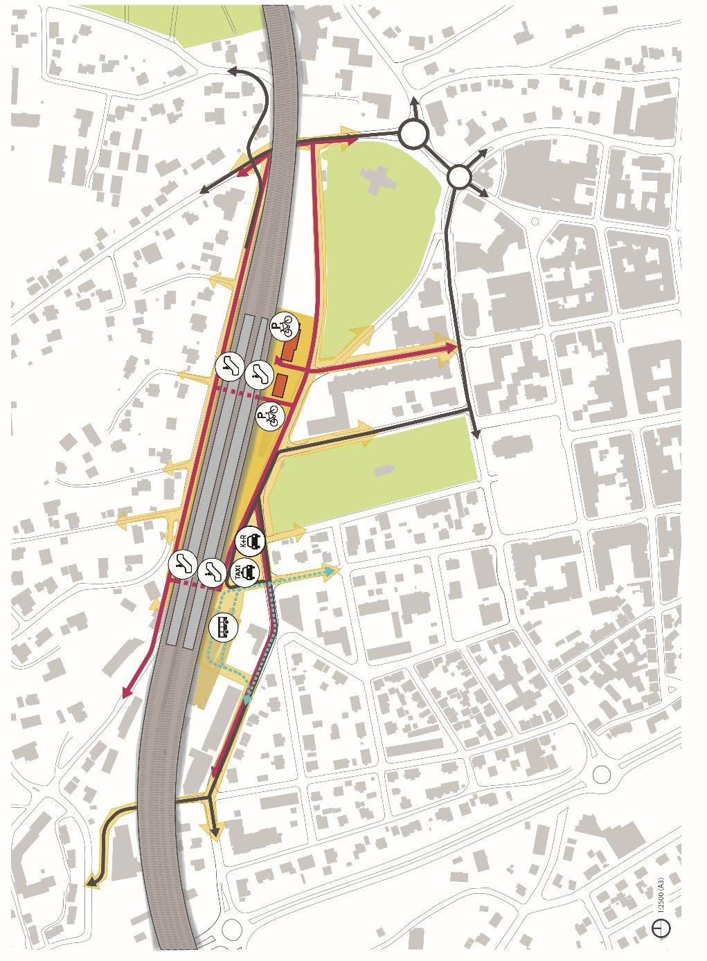 Kobling til øvrig kollektivtrafikk er lagt til atkomst ved Dronningens gate. Diagrammet viser mulige løsninger og forbindelseslinjer.