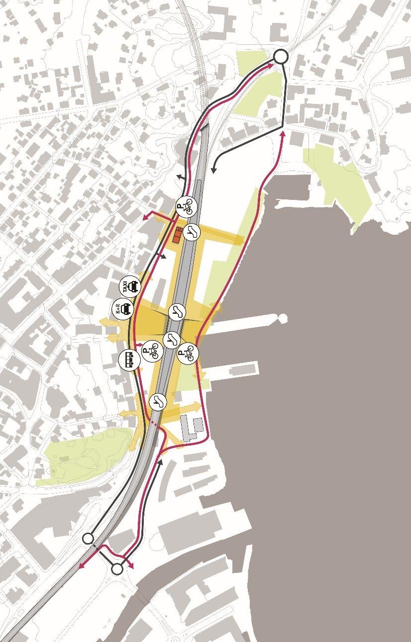 Stasjonsløsning Figur 2-18 Knutepunktdiagram for Larvik stasjon i Indre havnkorridoren lav løsning. Stasjonsområdet i dag ligger under beregnet flomnivå.