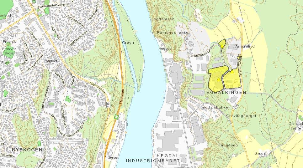 Figur 4-5 Oversikt over registrert forurenset grunn ved Hegdal