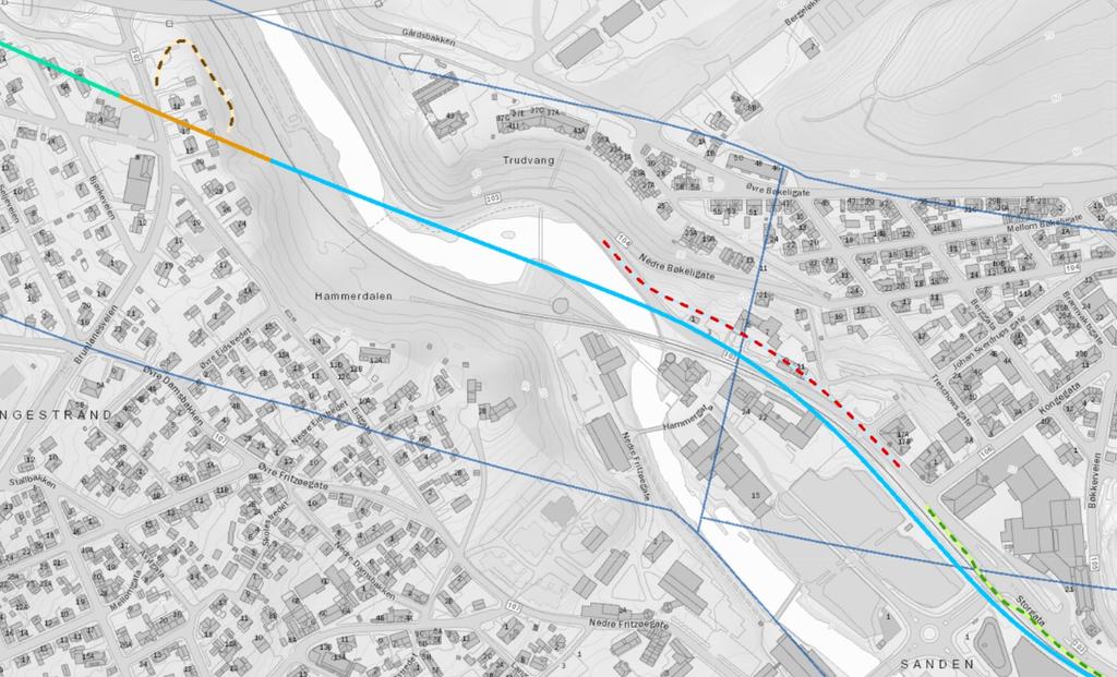 Figur 5-19 Illustrasjon av nytt dobbeltspor gjennom Hammerdalen i Indre havn-korridoren. Ny Larvik stasjon ligger på en 350 meter lang bru.