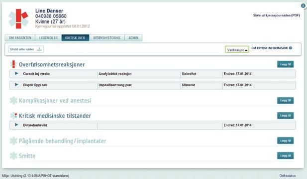 FIGUR 2: Kritisk informasjon i kjernejournal «Varningsinformation» (5) og beskrevet i en egen rapport (6).