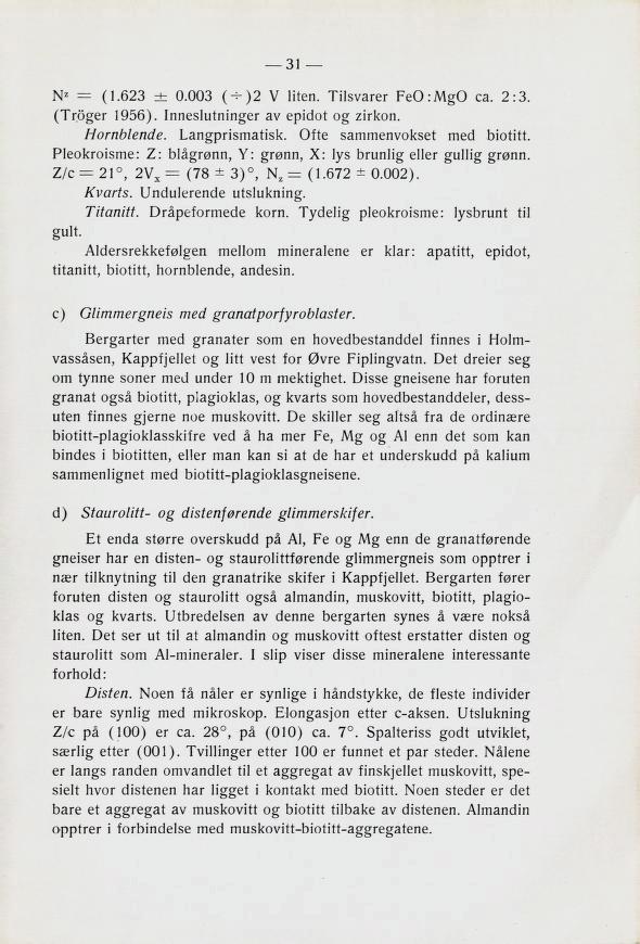 Nz = (1.623 ± 0.003 (^)2 V liten. Tilsvarer FeO:MgO ca. 2:3. (Troger 1956). INN6Blutnin^6l av epidot og zirkon. Hornblende. Langprismatisk. Ofte sammenvokset med biotitt.