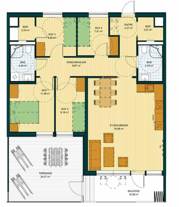 5 ROMS, 105 M2 R Type s Innglasset balkong 11 m2 Terrasse 25 m2 L5319 3 etasje PLNTGNINGR JM