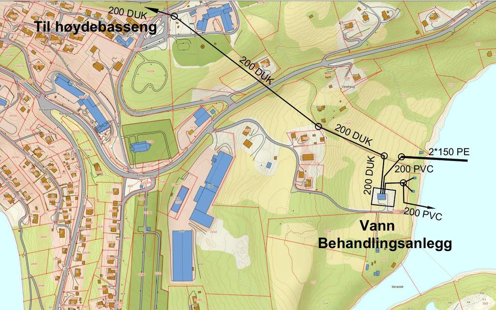 Figur 5-2: Hoved vannforsyningsrør i Vasshaug Figur 5-2 er kart over Vasshaug bakken som angir ledningstrase for kommunes hoved vannforsyningsrør.