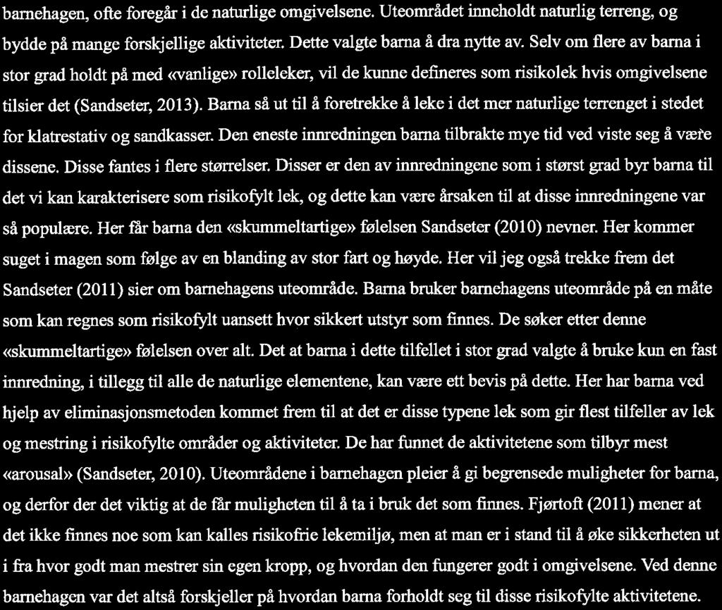 kan defineres innenfor kategorien risikolek. Dette er typer lek som, slik tilfellet er i denne barnehagen, ofte foregår i de naturlige omgivelsene.