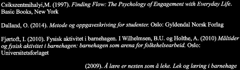 6. Referanseliste Bae, B. (1996). Det interessante i det alminnelige: en artiklælsamling Csikszentmihalyi,M. (1997). Finding Flow: The Psychology of Engagement with Everyday Life.