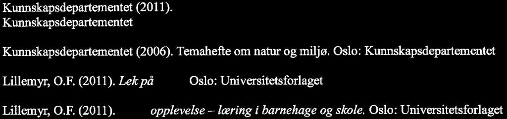 (2010) Måltider og.fysisk aktivitet i barnehagen: barnehagen som arenafor follæhelsearbeid. Oslo: Universitetsforlaget Johansson, E. og Samuelsson, I. P. (2009). A lære er nesten som å lelæ.