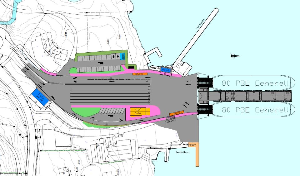 Reguleringsplanen viser planlagt og eksisterende pir for ferjer som kaiformål.