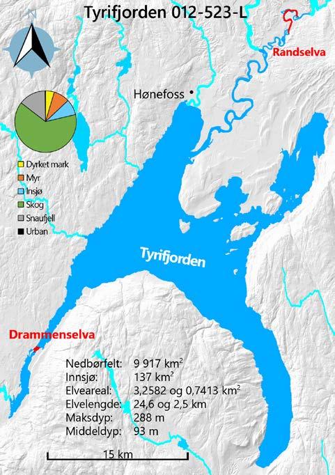 3.9 Tyrifjorden (Drammensvassdraget) Nøkkeldata og inngrepshistorikk Den 137 km 2 store, og 288 m dype Tyrifjorden ligger i kommunene Ringerike, Hole, Lier og Modum 1.