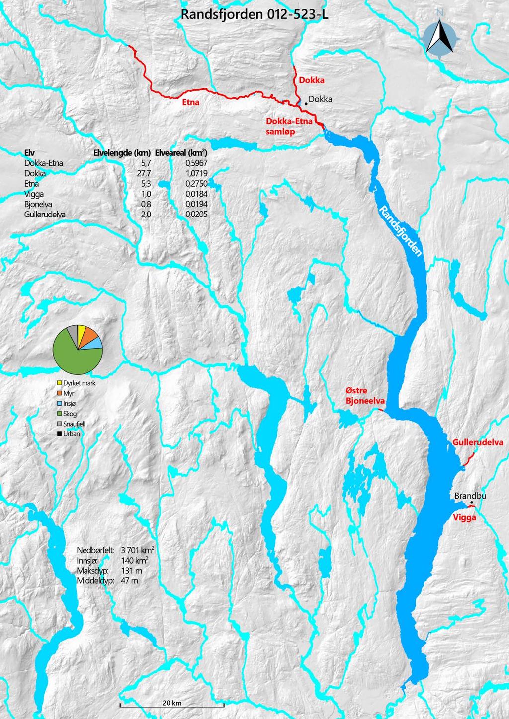 Figur 3.10. Kart over Randsfjorden i Oppland med de viktigste gyte- og oppvekstelvene for storørret.