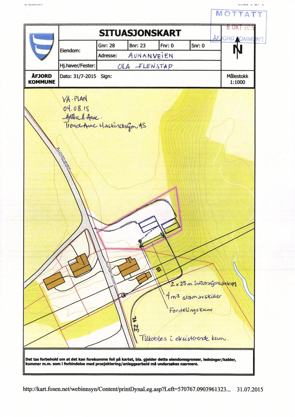 SITUASJONSKART Gnr: 28 Bnr: 23 Fnr: 0 Snr: 0 Eiendom:, Adresse: A UN ANVE! EN Hj.haver/Fester: OLA JTLEN :51] p ÅFJORD Dato: 31/7-2015 Sign: Målestokk KOMMUNE 1: 1000 VA -PLAN o~(.