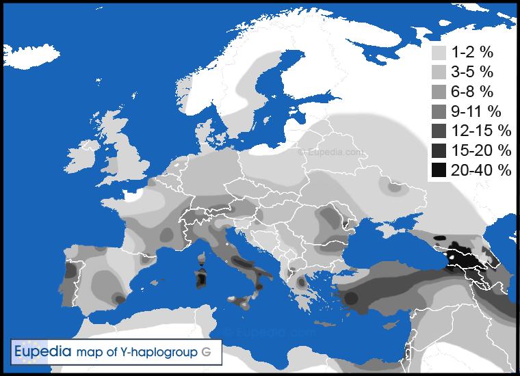 Haplogruppe G er regnet som den første som oppstod etter utvandringen fra Afrika, Den er å finne på Vestlandet, men med lav frekvens, rundt 1%. Den har gjennom de siste 50.