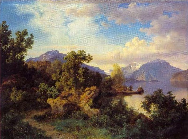 Balestrand ved gården Flesje, tegnet av Hans Gude (1825-1903).