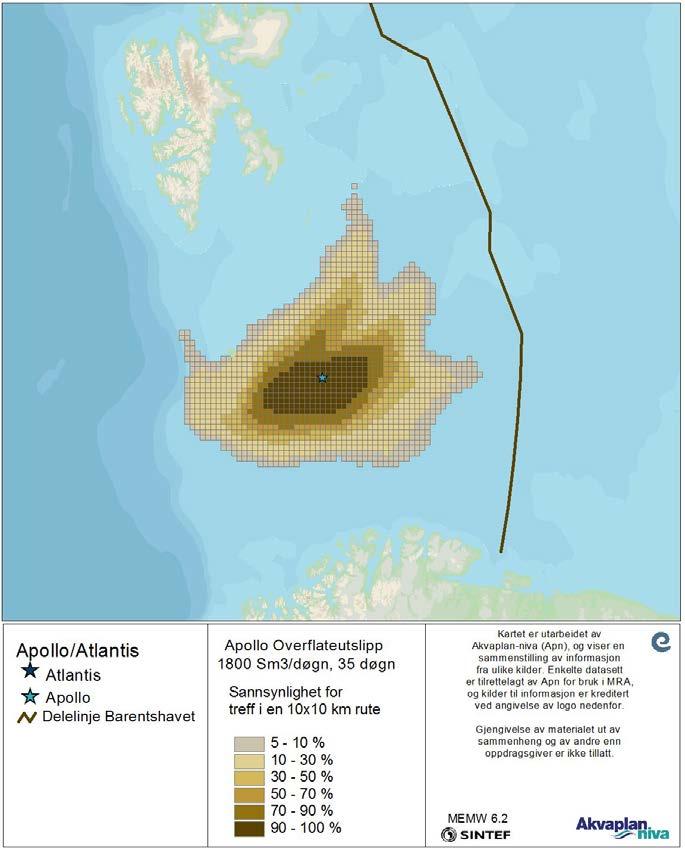 Figur 3-1 Sannsynlighet for treff av olje på overflaten med mer enn 1 tonn i en 10x10 km rute for overflateutslipp, med rate