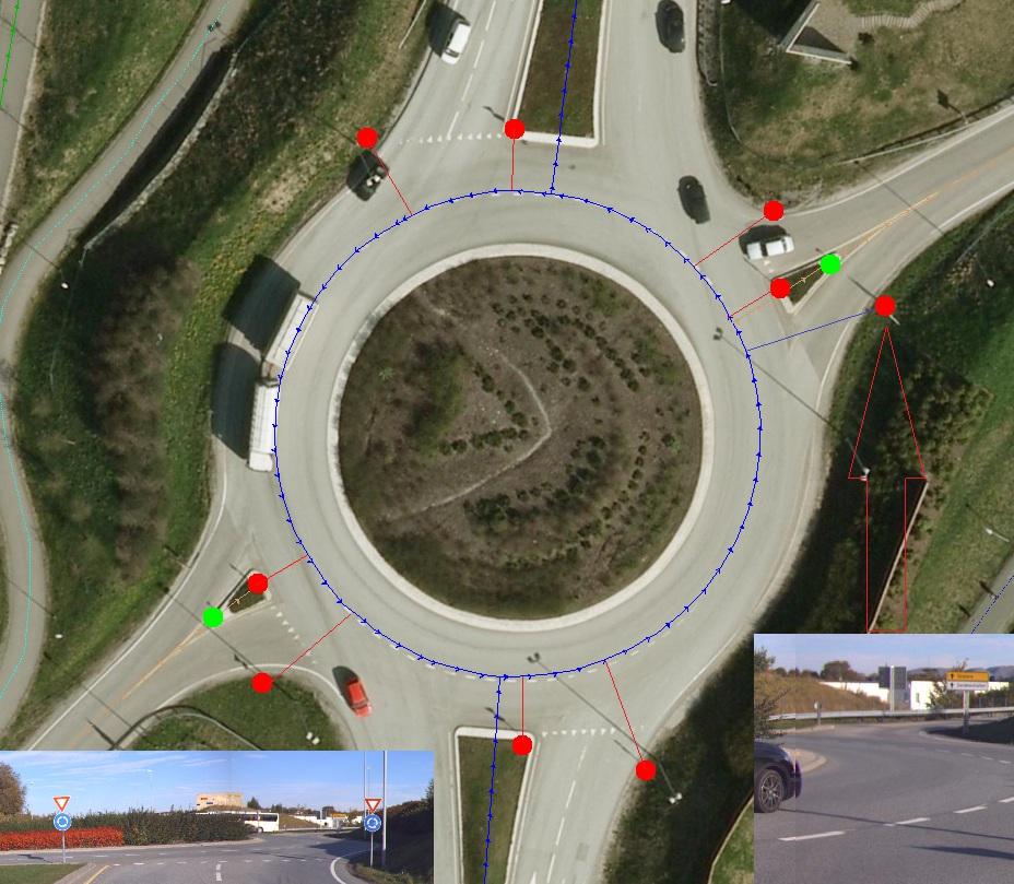 Skiltene som er merket rødt hører til rundkjøringen. De grønne hører til vegen trafikkøya ligger på.