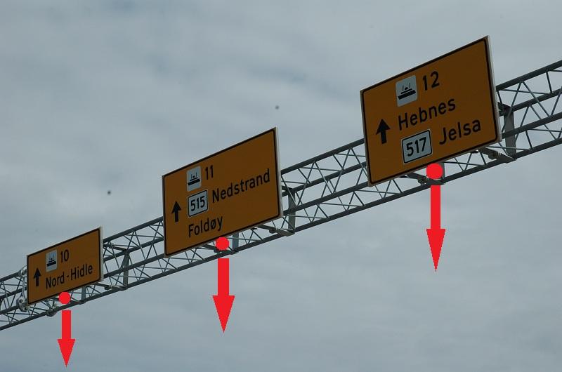 Ved skilter på skiltportal registreres skiltpunkt på vegens høyre side med sideposisjon.