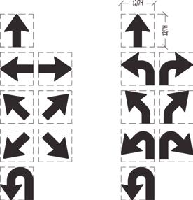 TRAFIKKSKILT :: DETALJERT UTFORMING AV VEGVISNINGSSKILT Figur 4-4.3 Standard piler for tabellskilt Pilsymbolene for tabellskilt er innskrevet i et kvadrat med sidekant lik 12/7 H.