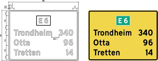 DETALJERT UTFORMING AV VEGVISNINGSSKILT :: TRAFIKKSKILT Stedsnavn og symboler foran stedsnavn skal venstremarges, avstandstall skal høyremarges. Avstand angis i hele km uten benevning.