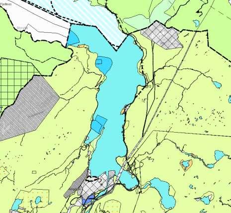 Kartutsnittet viser kommuneplanens arealdel for Saltdal kommune. Lyse blå farge er bruk og vern av sjø og vassdrag, mørkeblå farge er akvakultur med forrankringssone.