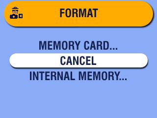 Kapittel 6 4 Trykk på for å utheve et alternativ: MEMORY CARD (minnekort) sletter alt på kortet og formaterer det. CANCEL (avbryt) (standardinnstilling) avslutter uten å gjøre endringer.
