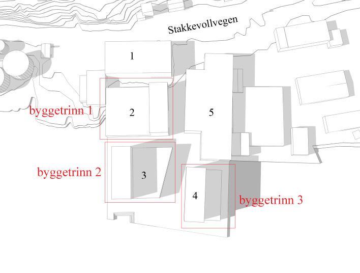 Illustrasjon byggetrinn. Kilde Amundsen Arkitekter Byggehøyder Bebyggelsen langs Stakkevollvegen skal ikke overstige kote + 15,5. Dette gir bygg med ca 12 fasademeter (ca. fire standard boligetasjer).