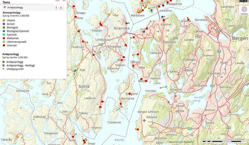 Figur 5-2. Avløpsanlegg med ulike renseprinsipp og utslippspunkt i fjordområdet rundt Bergen Lufthavn. Kilde: http://www.miljostatus.no/kart/. 5.3 Bruk av brannskum, brannøvingsfelt, andre PFAS-lokaliteter 5.