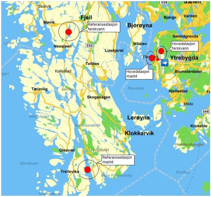 Figur 6-8. Oversiktskart for hvor det ble samlet inn prøver av biota i ferskvann og marint miljø. Feltarbeidet i Bergen ble gjennomført 25.-28. juni 2012.