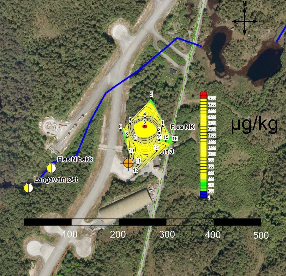 Figur 7-2 viser en interpolering av målt PFOS-konsentrasjon på aktiv BØF. Det er målt høyest PFOS-konsentrasjoner nord for selve plattformen.