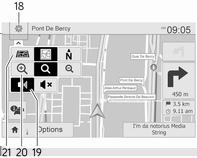 16. Ö: Trafikkinformasjon (TMC trafikkmeldingskanal) 17. Fartsgrense 18. L: Hurtigmeny for innstillinger (se elementene under) 19. Ù/Ú: Taleveivisning på/av 20. ¼/½/¾: Endre skala (zoom inn/ ut) 21.