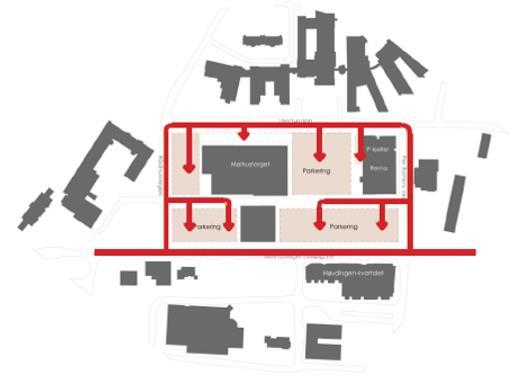 3 Eksisterende situasjon Tomta huser i dag ca. 12 000 m2 brutto handelsareal, inkludert bygg for Rema 1000. I tillegg ligger et bygg med kontor-/næringsvirksomhet innenfor samme område. 3.