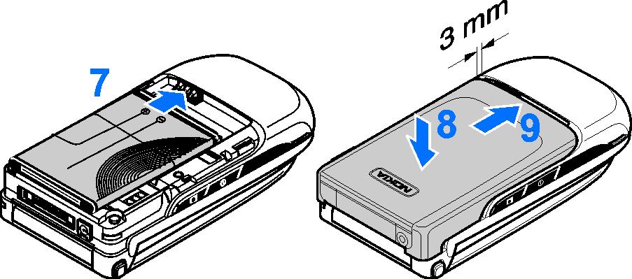 Sett batteriet på plass (7). Skyv bakdekselet på plass (8, 9). Sette inn et microsd-kort Alle microsd-minnekort må oppbevares utilgjengelig for små barn. 1. Fjern dekselet bak på telefonen. 2.