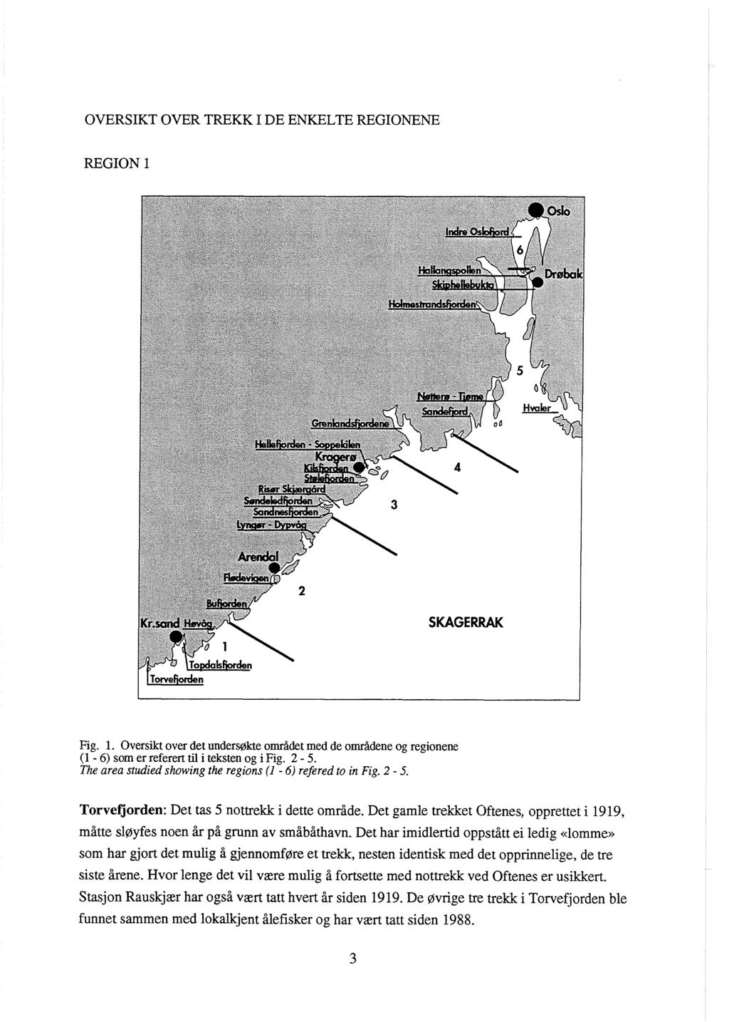 OVERSIKT OVER TREKK I DE ENKELTE REGIONENE REGION 1 SKAGERRAK Fig. 1. Oversikt over det unders$kte omriidet med de områdene og regionene (1-6) som er referert til i teksten og i Fig. 2-5.