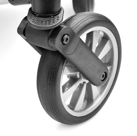 Swivelhjul i svängbart läge: Med swivellåset i nerfällt läge är framhjulen svängbara.